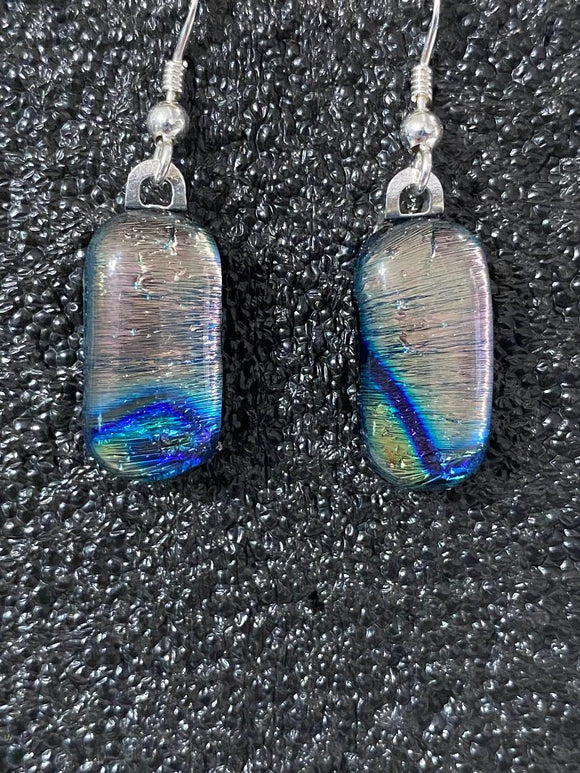 Fused Glass Earrings/Dichroic Glass/Pink Blue Turquoise stripe