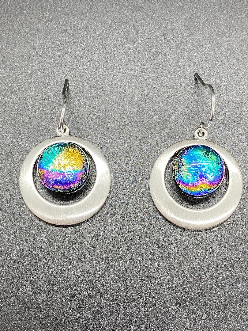 Fused Glass Earrings/Dichroic Glass/Round Double Silver Plated Setting –  Karen Casey Fused Glass Designs