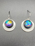 Fused Glass Earrings/Dichroic Glass/Round Double Silver Plated Setting