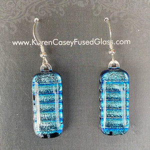 Fused Glass Earrings/Dichroic Glass/Silver Blue Stripe