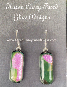 Fused Glass Earrings/Dichroic Glass/Pink Green