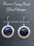 Deep purple dichroic glass with black dots on brushed silver plated rounds with sterling ear wires