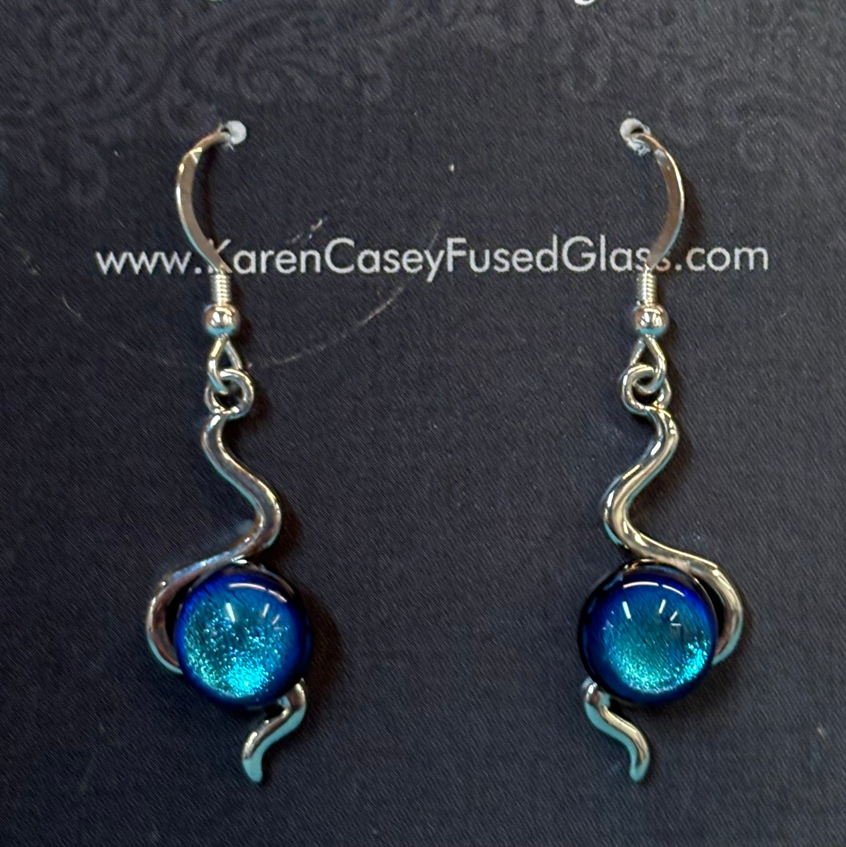 Fused Glass Earrings, The Wiggles, Dichroic and metal – Karen