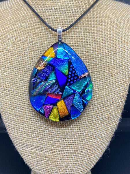 Multi Colored Kiln-Fired Glass Pendant with Blue Dichroic Glass on a factory Adjustable Leather Cord