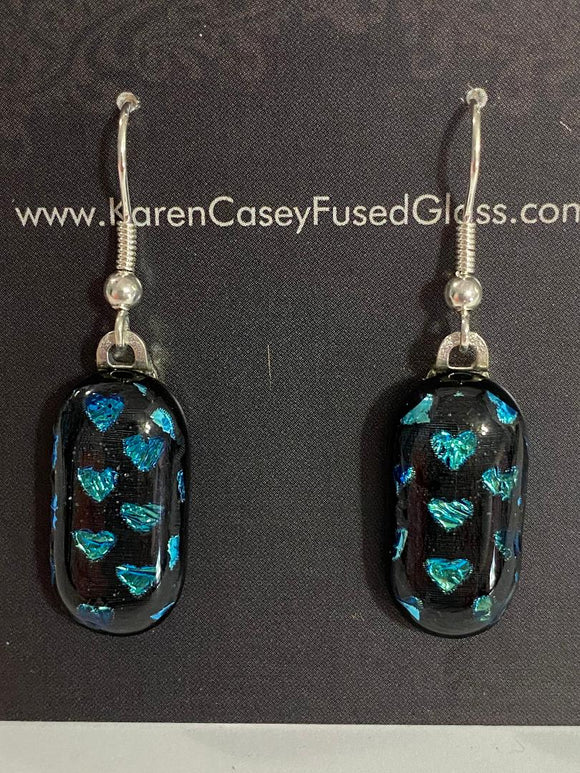 Fused Glass Earrings/Dichroic Glass/Turquoise Hearts on Black